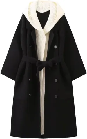 CHARTOU Women's Warm Hooded Rib Knitted Overcoat Winter Long Belted Double Breasted Trench Coat with Pockets