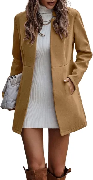 CHARTOU Women's Winter Mid Long Tweed Trench Coat Slim Cinched Waist Peacoat Notched Lapel Overcoat Fall