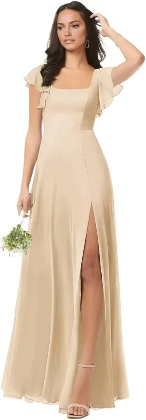Chiffon Bridesmaid Dresses for Women Square Neck A Line Long Formal Evening Party Gowns with Short Sleeves Slit