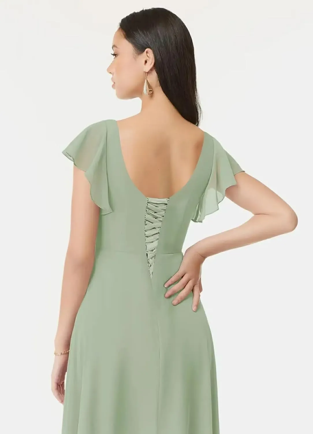 Chiffon Bridesmaid Dresses for Women Square Neck A Line Long Formal Evening Party Gowns with Short Sleeves Slit