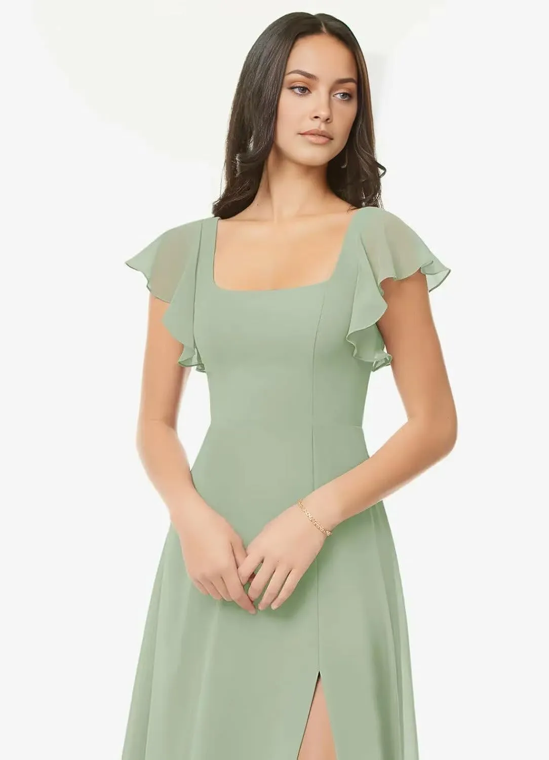 Chiffon Bridesmaid Dresses for Women Square Neck A Line Long Formal Evening Party Gowns with Short Sleeves Slit