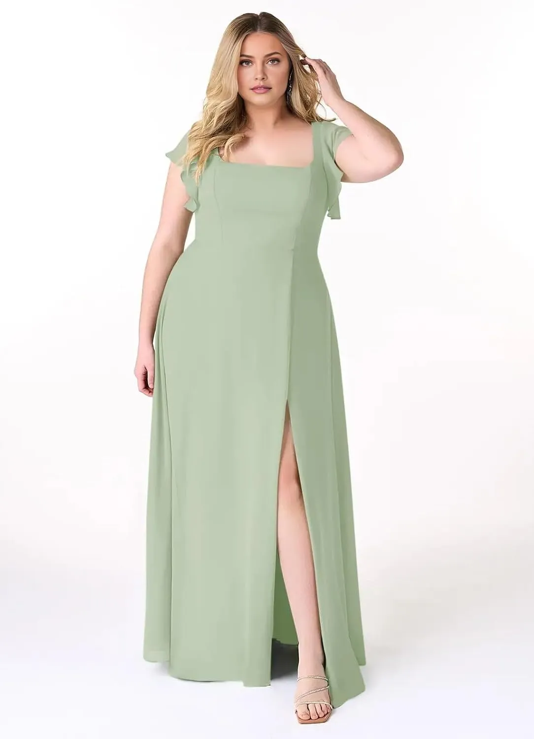 Chiffon Bridesmaid Dresses for Women Square Neck A Line Long Formal Evening Party Gowns with Short Sleeves Slit