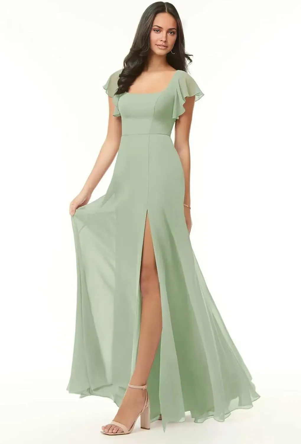 Chiffon Bridesmaid Dresses for Women Square Neck A Line Long Formal Evening Party Gowns with Short Sleeves Slit