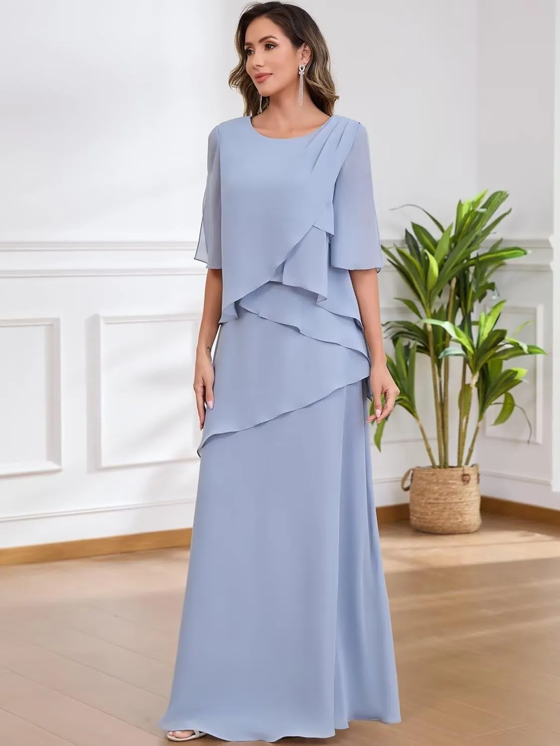 Chiffon Mother of The Bride Dresses for Women Half Sleeve Ruched Formal Dress Long A Line Evening Gowns