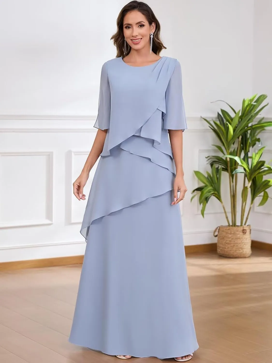 Chiffon Mother of The Bride Dresses for Women Half Sleeve Ruched Formal Dress Long A Line Evening Gowns
