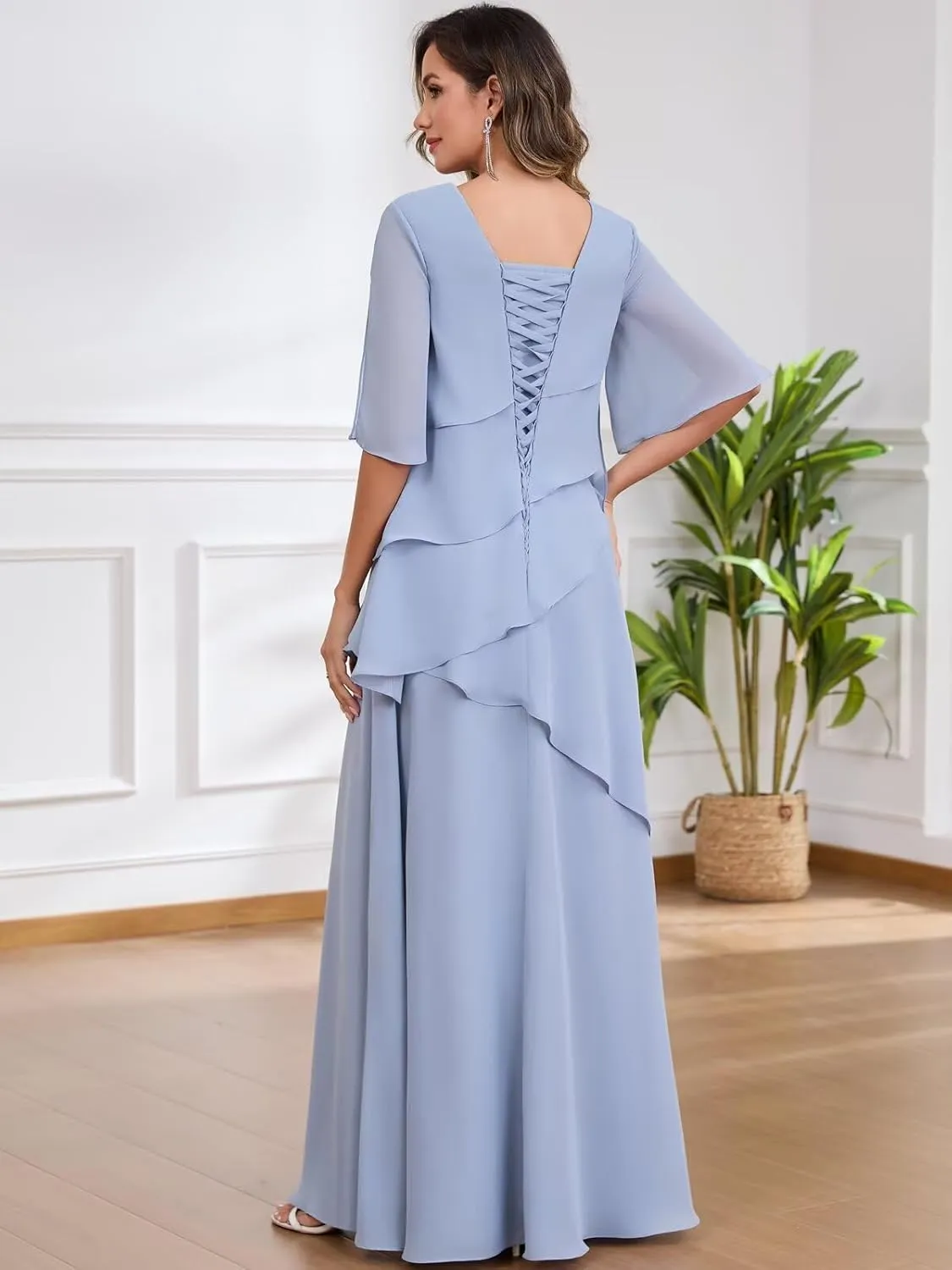 Chiffon Mother of The Bride Dresses for Women Half Sleeve Ruched Formal Dress Long A Line Evening Gowns