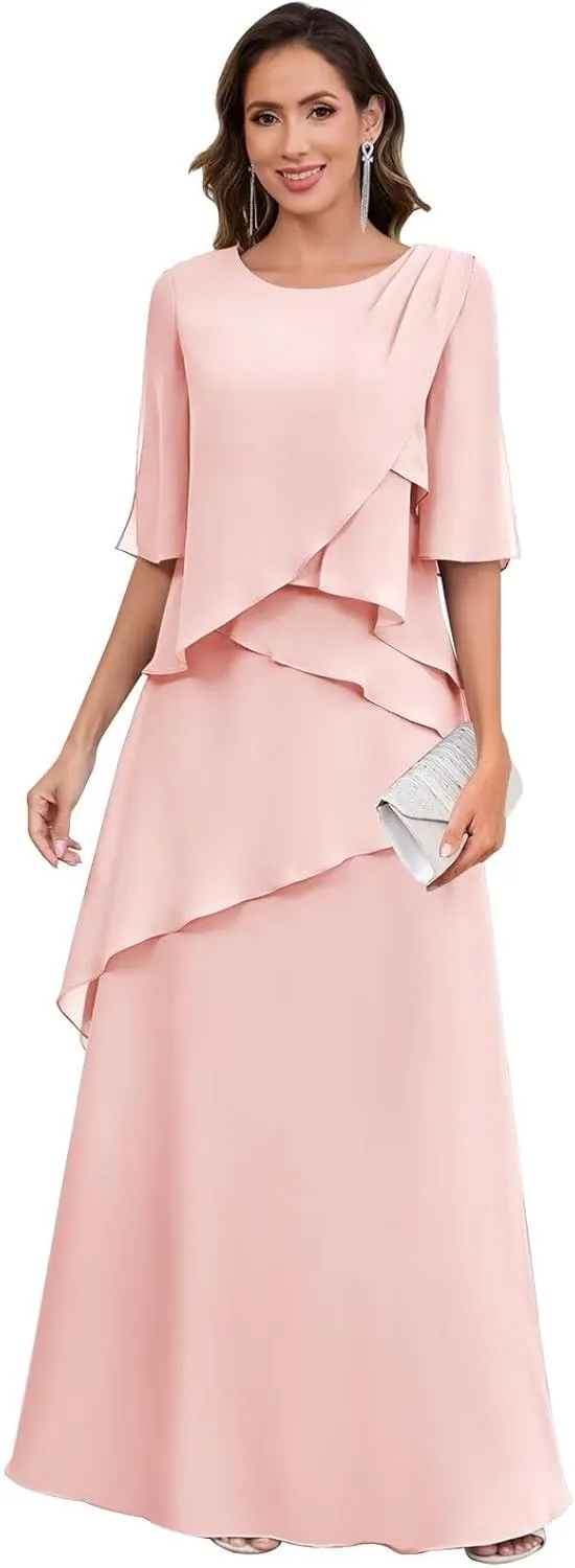 Chiffon Mother of The Bride Dresses for Women Half Sleeve Ruched Formal Dress Long A Line Evening Gowns