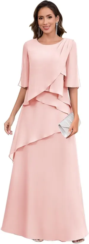 Chiffon Mother of The Bride Dresses for Women Half Sleeve Ruched Formal Dress Long A Line Evening Gowns