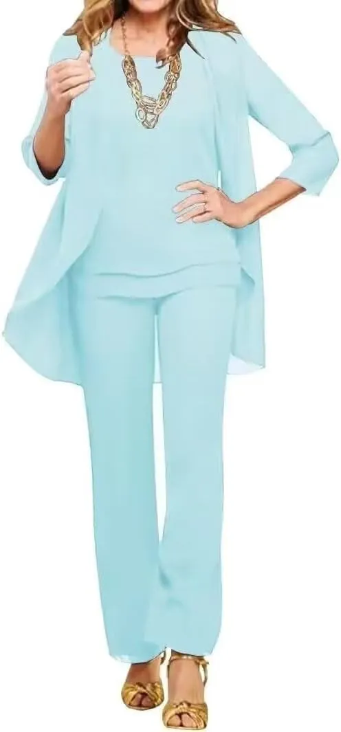 Chiffon Mother of The Bride Pant Suits Petite 3 Pieces Formal Outfit Sets for Women Evening Party