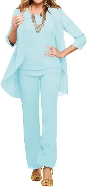 Chiffon Mother of The Bride Pant Suits Petite 3 Pieces Formal Outfit Sets for Women Evening Party