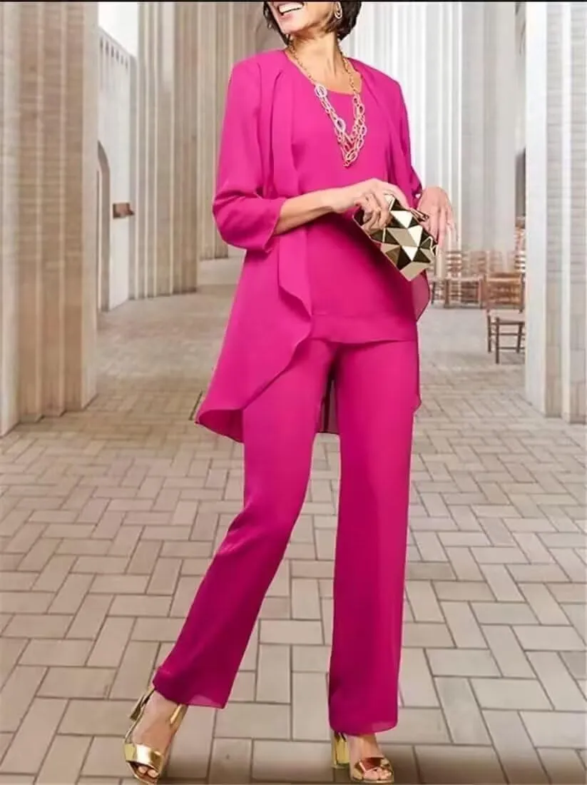 Chiffon Mother of The Bride Pant Suits Petite 3 Pieces Formal Outfit Sets for Women Evening Party