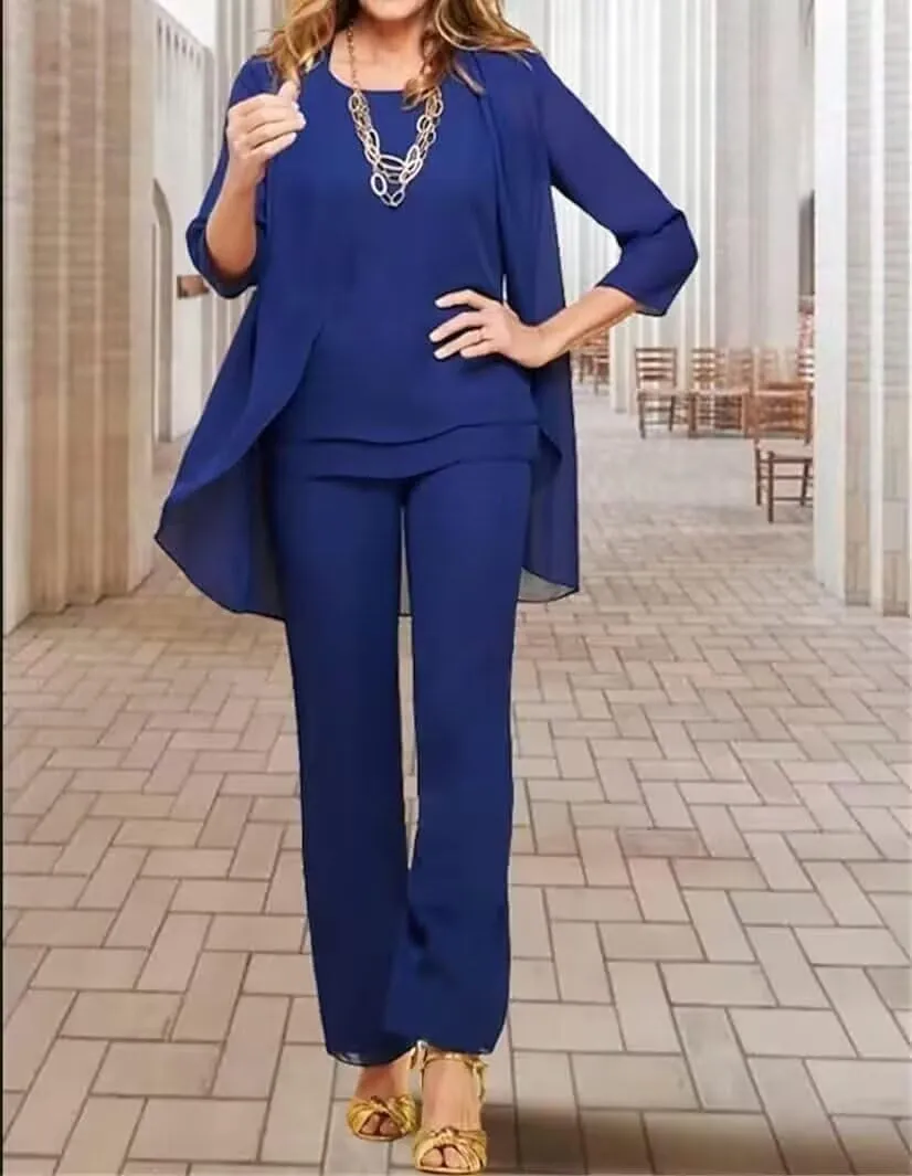 Chiffon Mother of The Bride Pant Suits Petite 3 Pieces Formal Outfit Sets for Women Evening Party