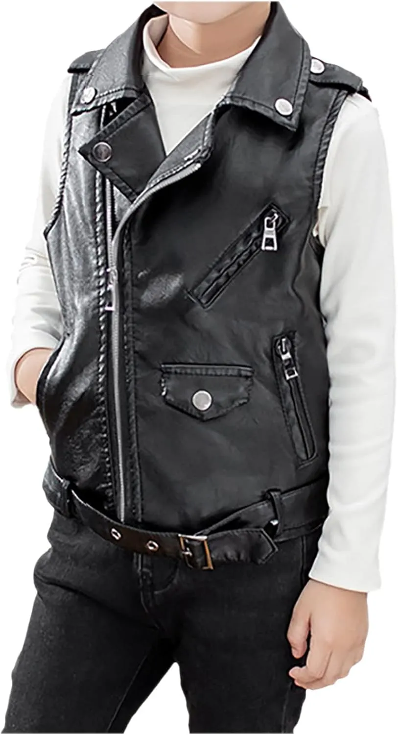 Children Faux Motorcycle Vests Boys Dress Coats Black PU Leather Fall Zip Up Jacket
