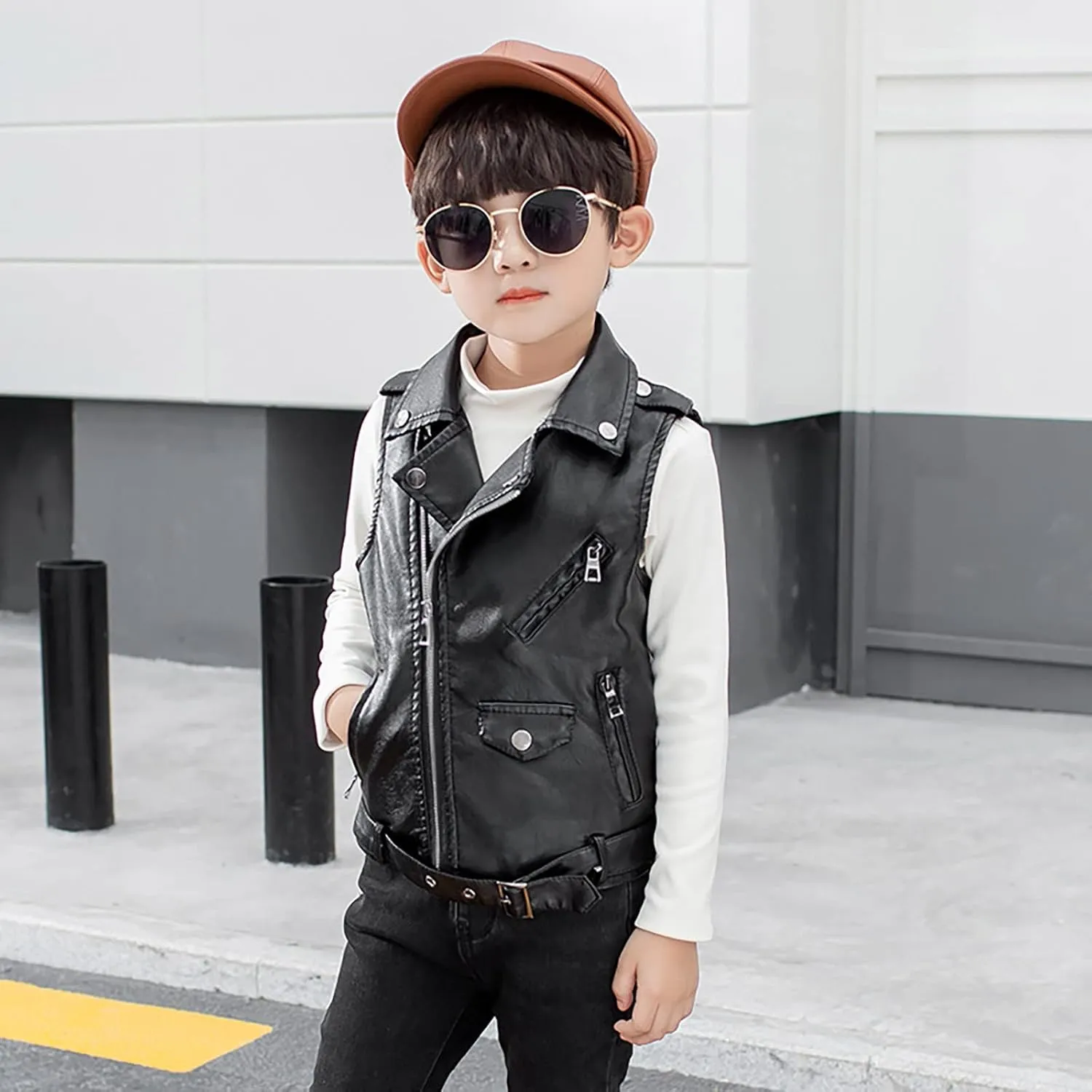 Children Faux Motorcycle Vests Boys Dress Coats Black PU Leather Fall Zip Up Jacket