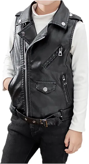 Children Faux Motorcycle Vests Boys Dress Coats Black PU Leather Fall Zip Up Jacket
