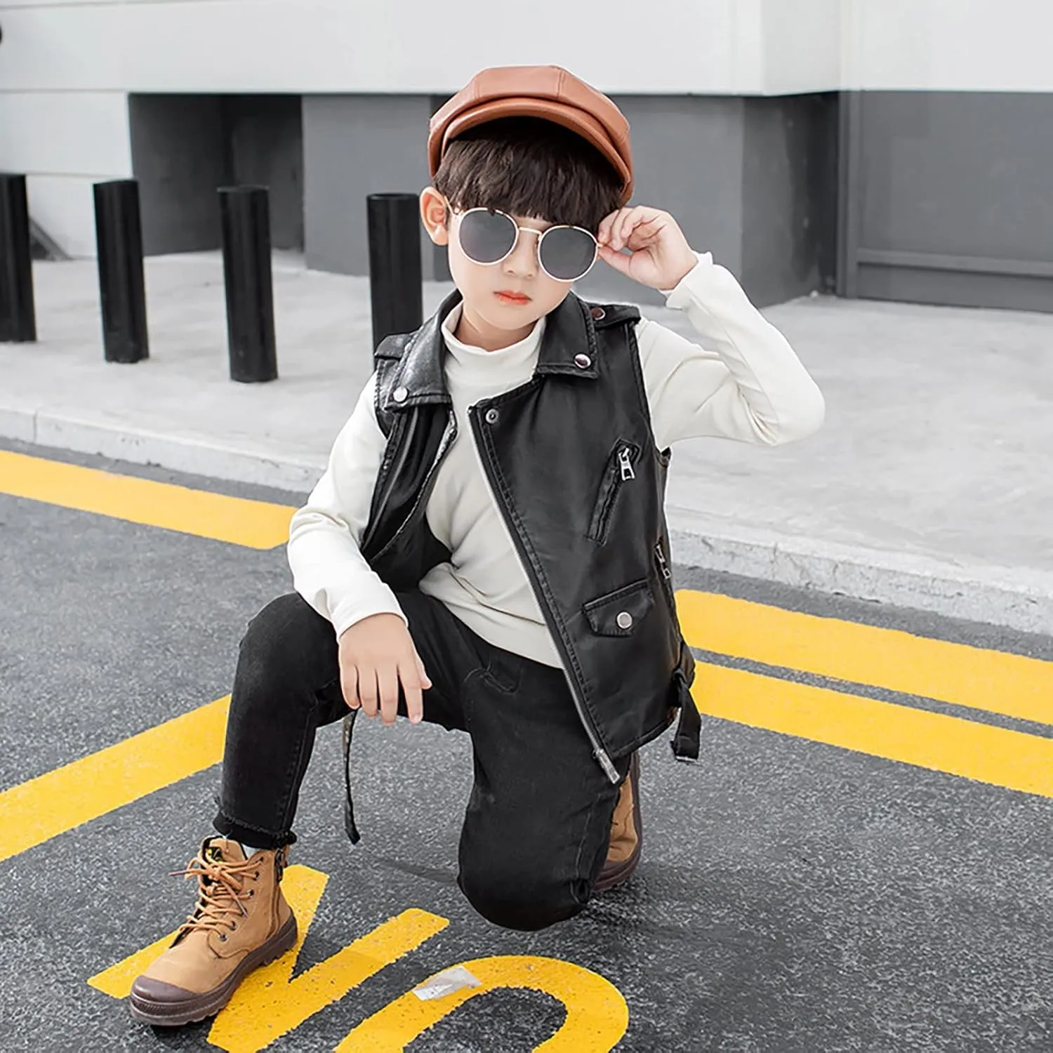 Children Faux Motorcycle Vests Boys Dress Coats Black PU Leather Fall Zip Up Jacket
