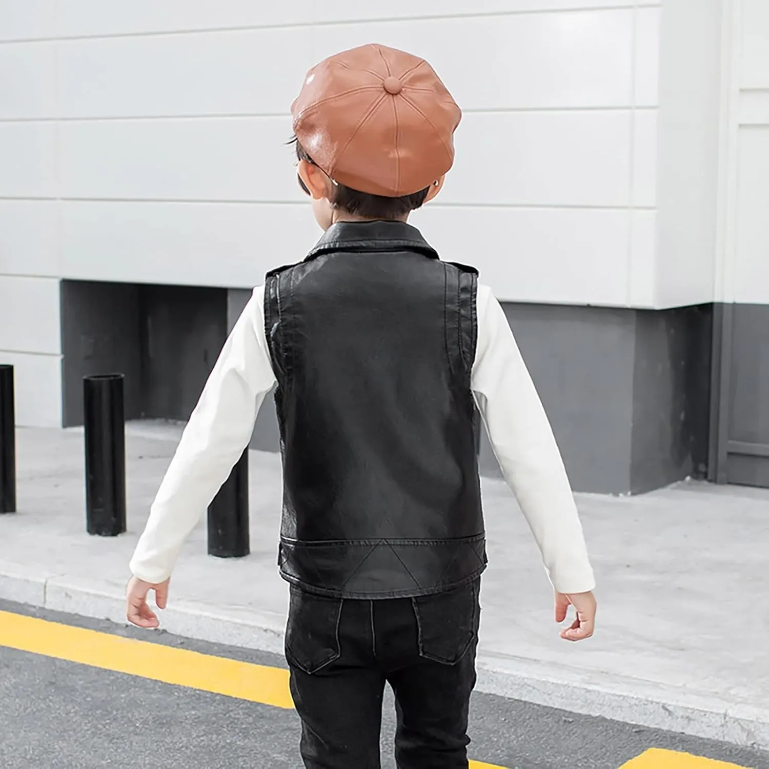 Children Faux Motorcycle Vests Boys Dress Coats Black PU Leather Fall Zip Up Jacket