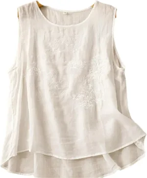 Chinese Style Camisole Cotton and Linen Embroidery Women's Summer Comfortable Loose Round Neck top