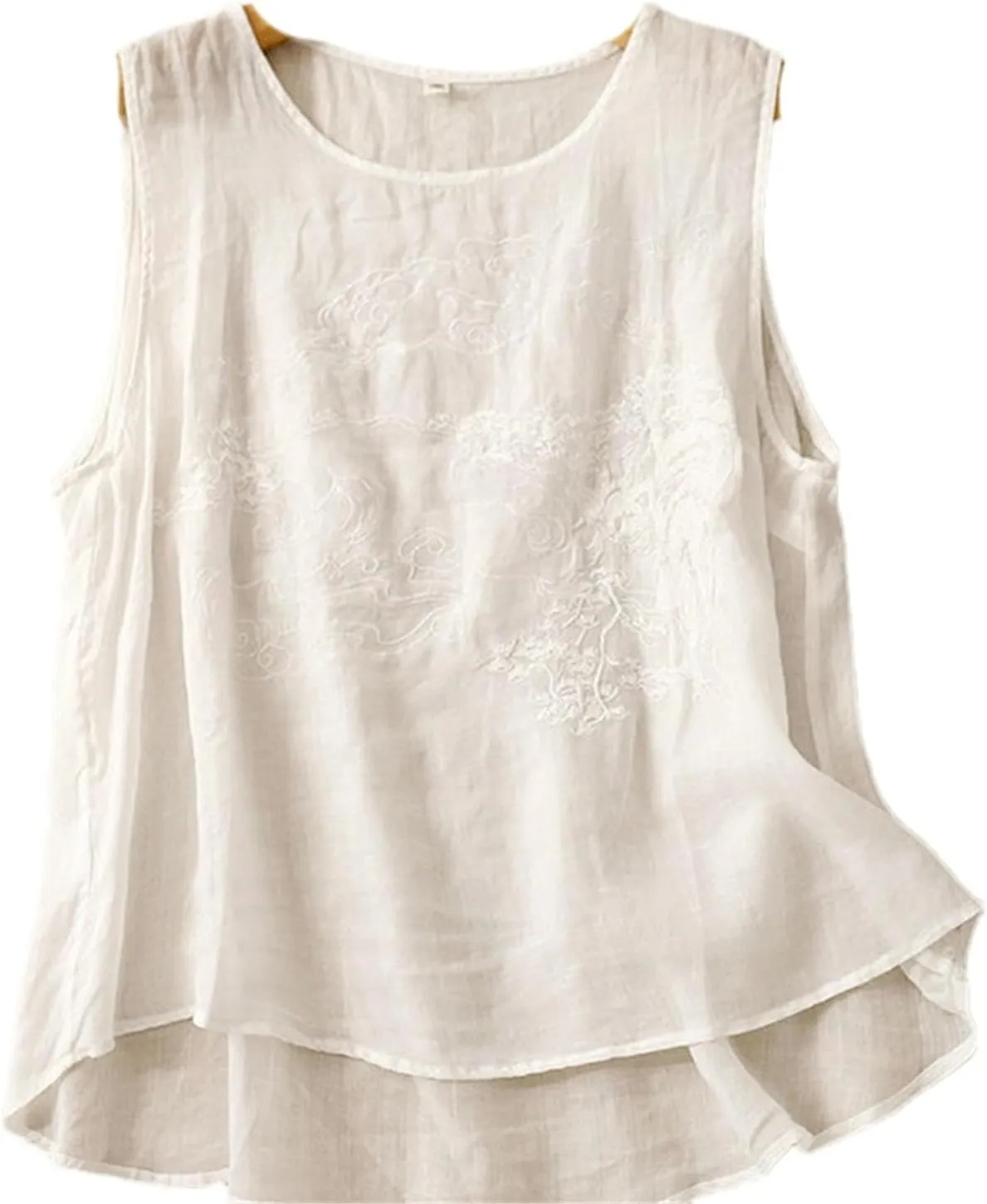 Chinese Style Camisole Cotton and Linen Embroidery Women's Summer Comfortable Loose Round Neck top