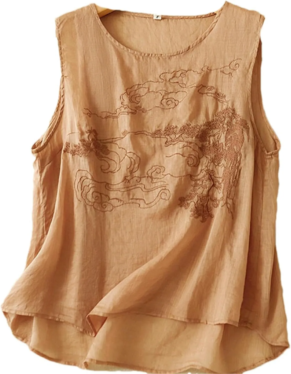 Chinese Style Camisole Cotton and Linen Embroidery Women's Summer Comfortable Loose Round Neck top