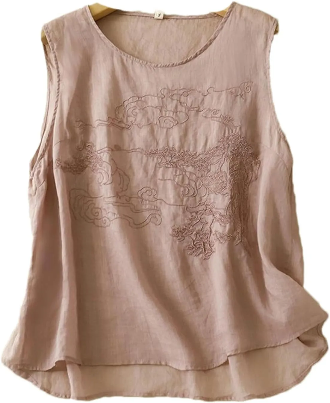 Chinese Style Camisole Cotton and Linen Embroidery Women's Summer Comfortable Loose Round Neck top