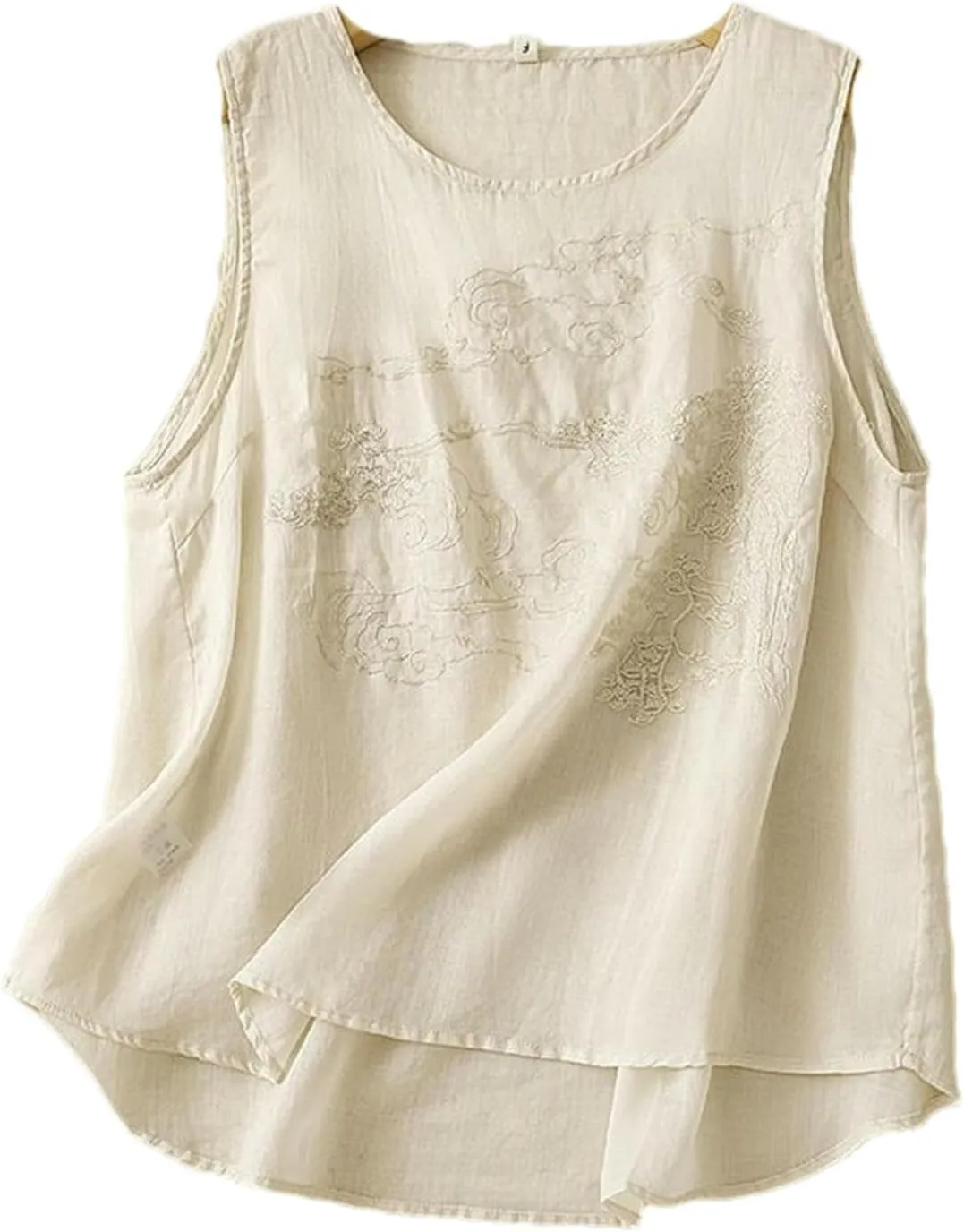 Chinese Style Camisole Cotton and Linen Embroidery Women's Summer Comfortable Loose Round Neck top