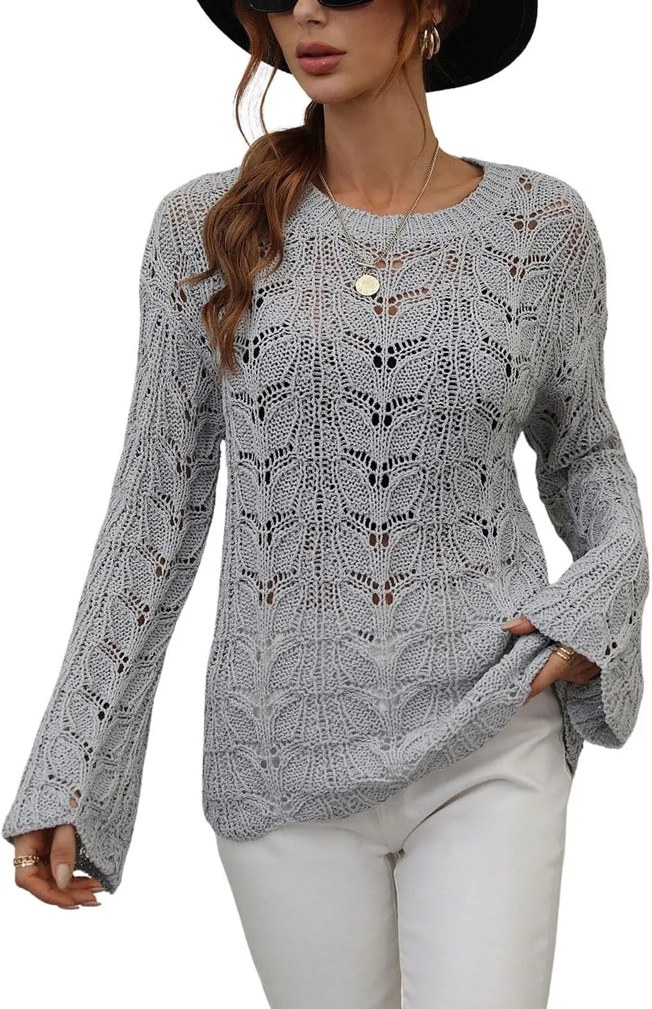 chouyatou Women's Spring Bell Sleeve Crochet Sweater Boho Hollow Out Pullover Sweater Tops Blouse