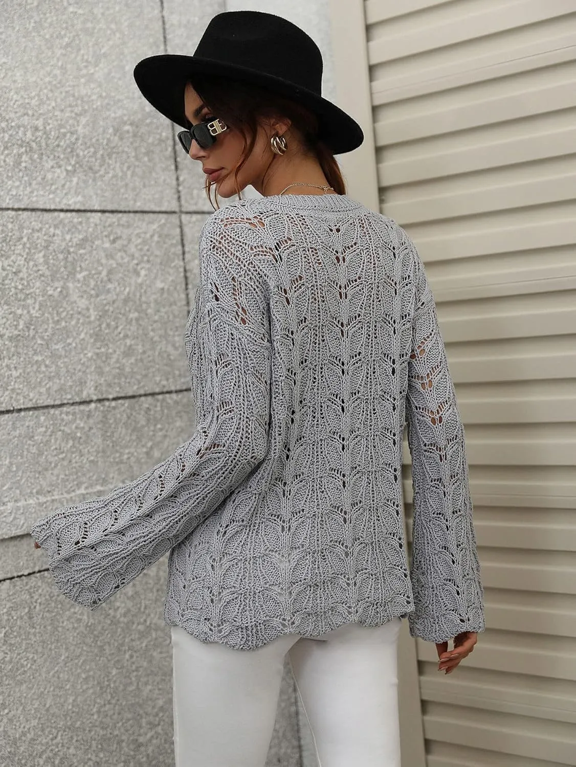 chouyatou Women's Spring Bell Sleeve Crochet Sweater Boho Hollow Out Pullover Sweater Tops Blouse