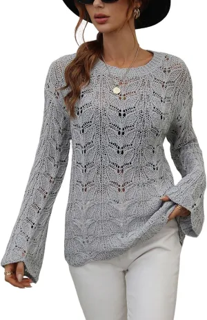 chouyatou Women's Spring Bell Sleeve Crochet Sweater Boho Hollow Out Pullover Sweater Tops Blouse