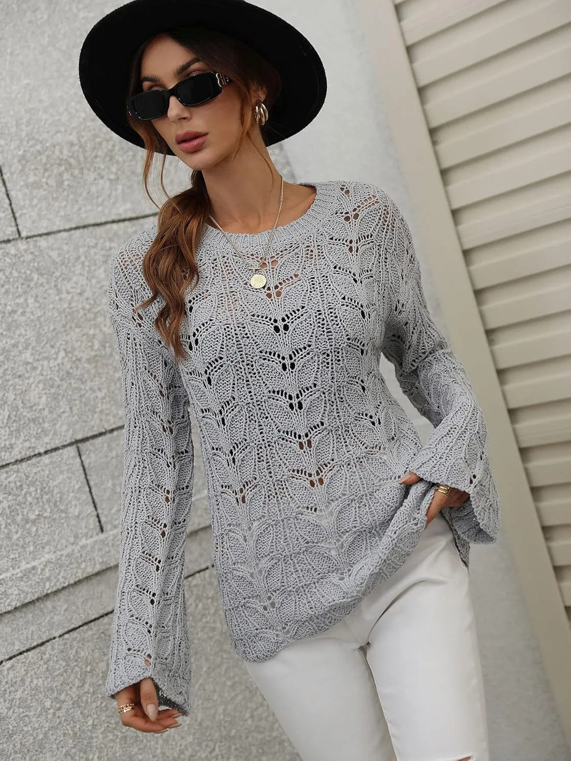 chouyatou Women's Spring Bell Sleeve Crochet Sweater Boho Hollow Out Pullover Sweater Tops Blouse