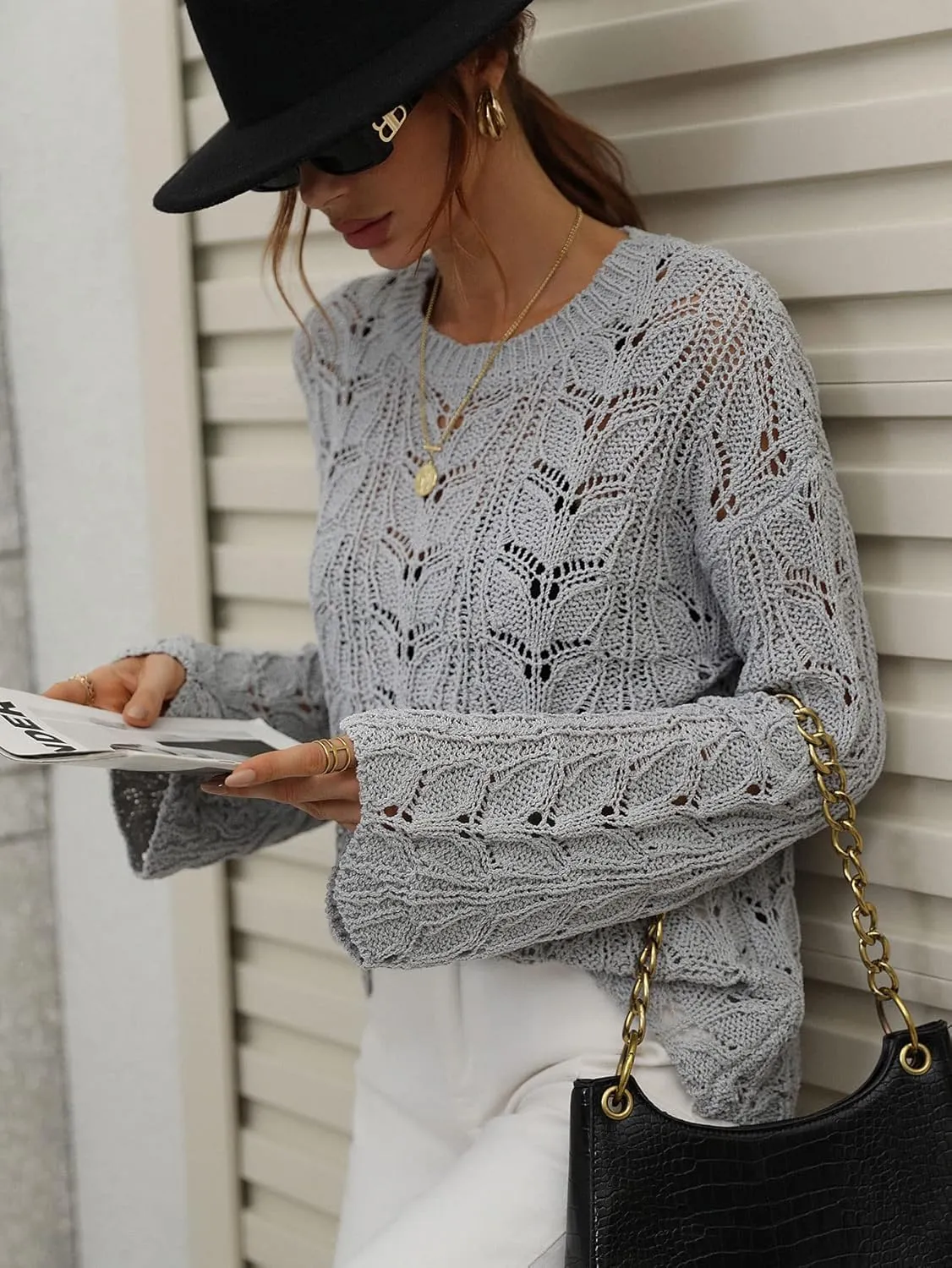 chouyatou Women's Spring Bell Sleeve Crochet Sweater Boho Hollow Out Pullover Sweater Tops Blouse