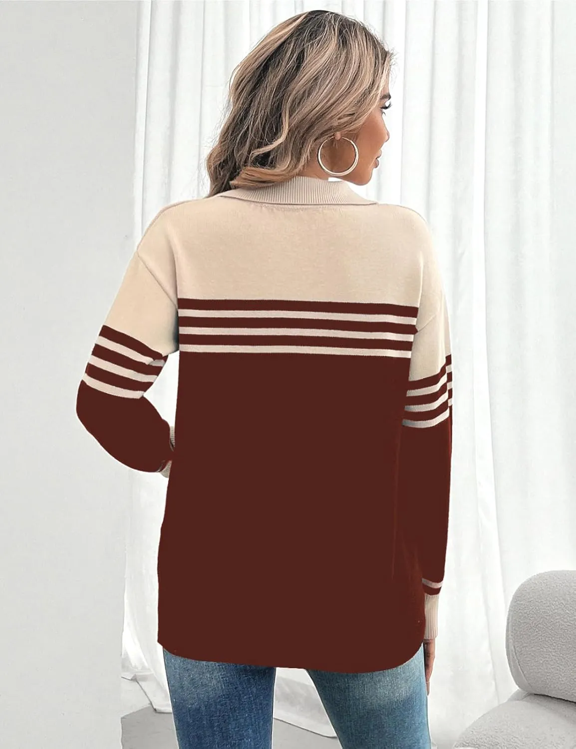 CiCiBird Women Fall V Neck Sweater Color Block Polo Long Sleeve Shirt Casual Loose Striped Pullover Sweaters