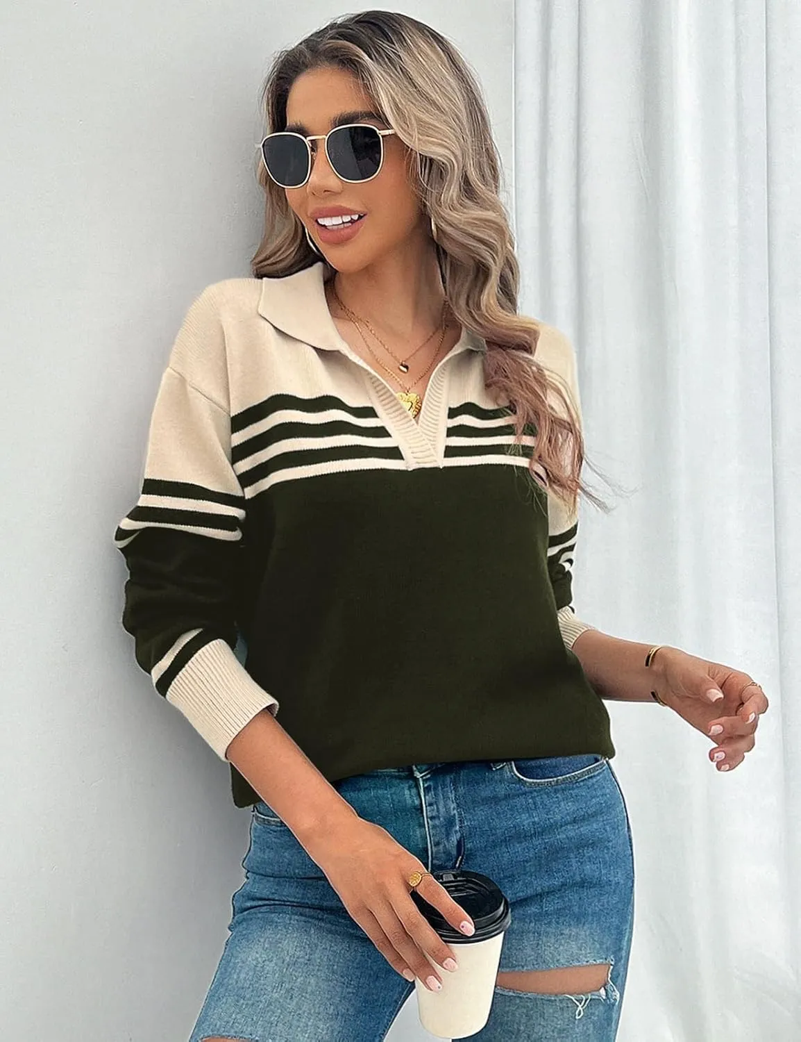 CiCiBird Women Fall V Neck Sweater Color Block Polo Long Sleeve Shirt Casual Loose Striped Pullover Sweaters