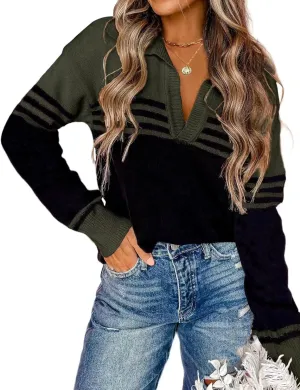 CiCiBird Women Fall V Neck Sweater Color Block Polo Long Sleeve Shirt Casual Loose Striped Pullover Sweaters
