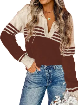 CiCiBird Women Fall V Neck Sweater Color Block Polo Long Sleeve Shirt Casual Loose Striped Pullover Sweaters