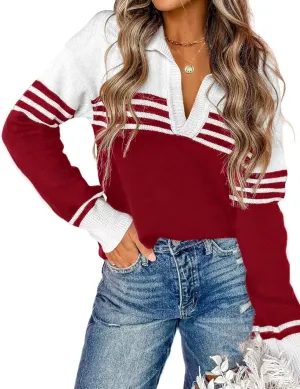 CiCiBird Women Fall V Neck Sweater Color Block Polo Long Sleeve Shirt Casual Loose Striped Pullover Sweaters