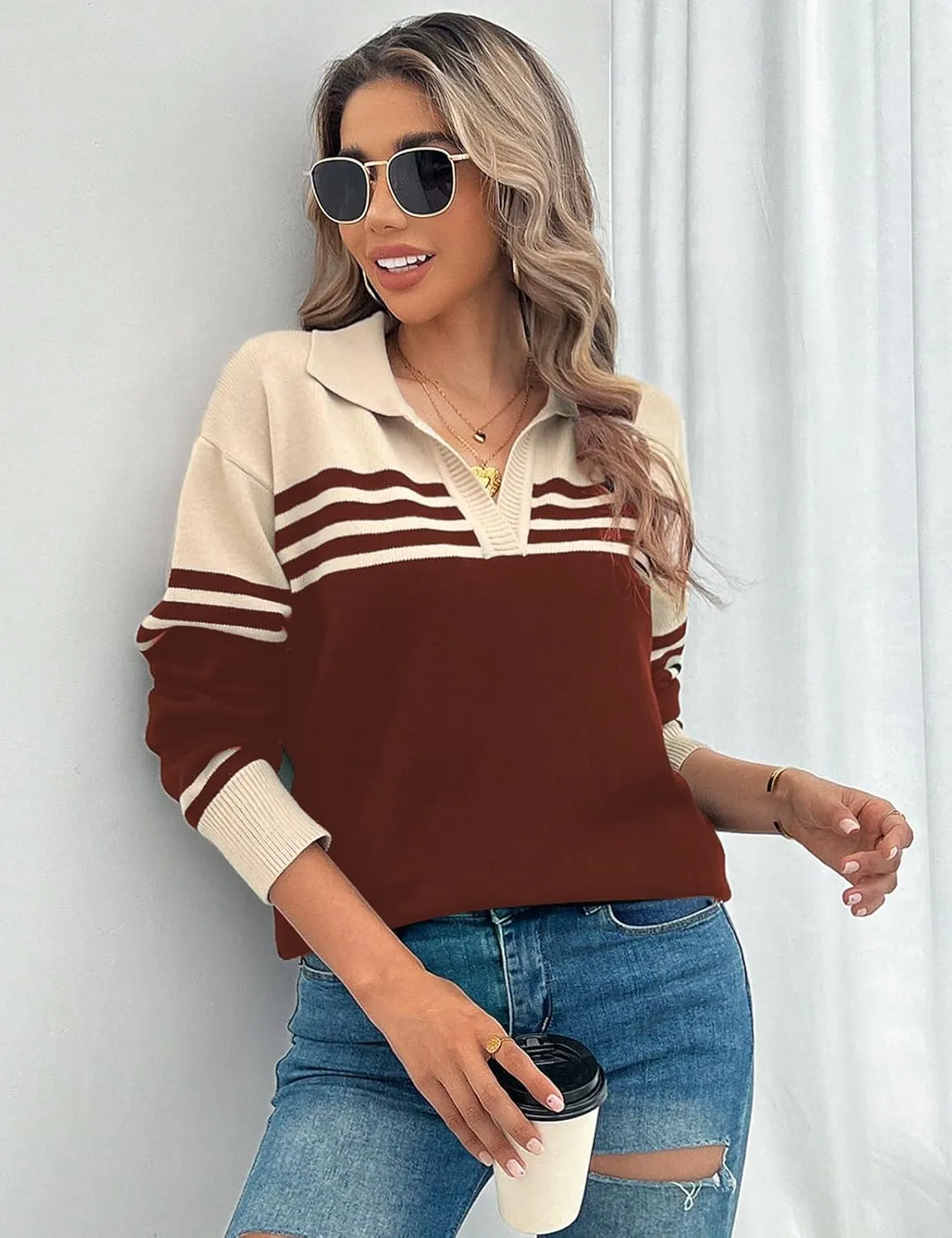 CiCiBird Women Fall V Neck Sweater Color Block Polo Long Sleeve Shirt Casual Loose Striped Pullover Sweaters