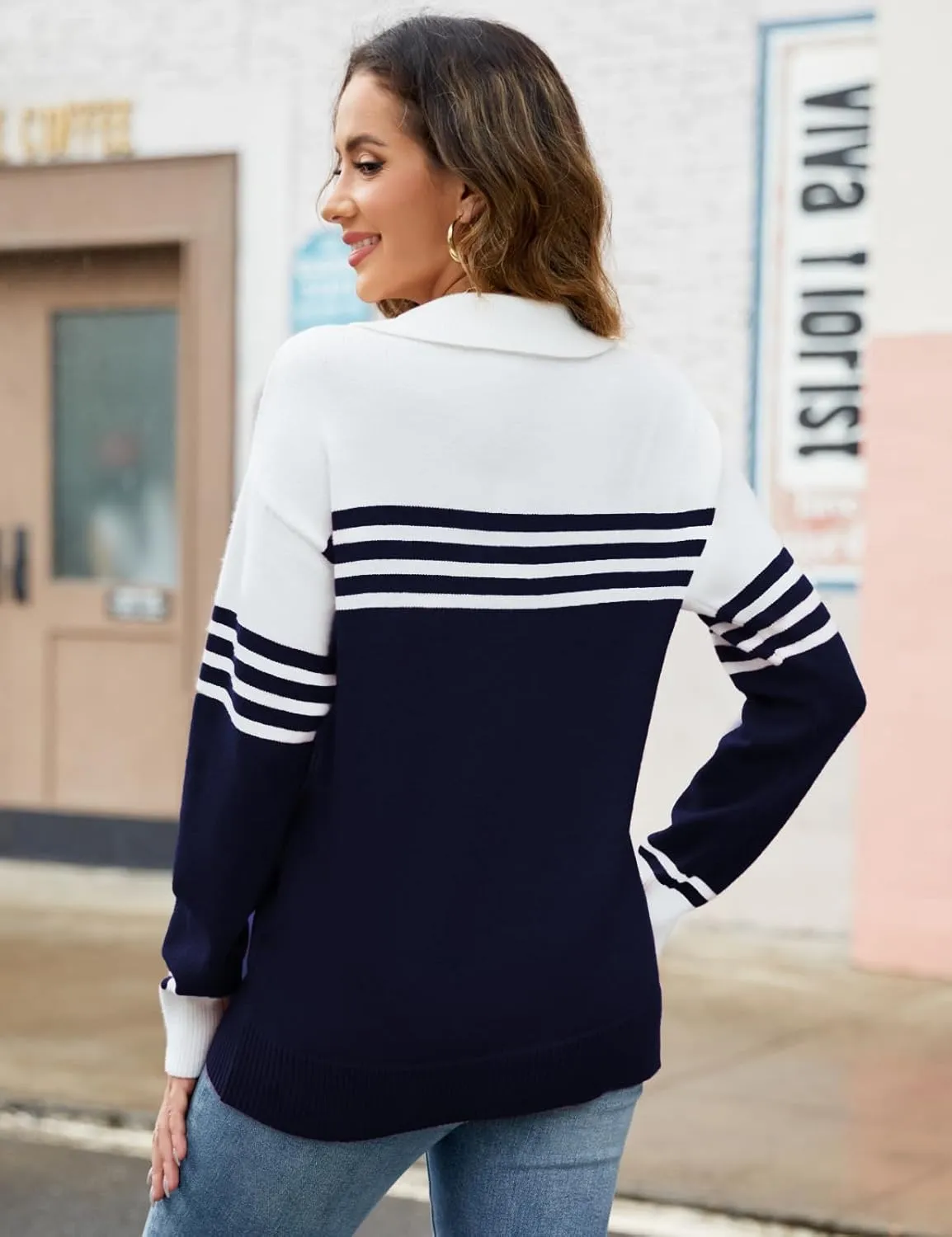 CiCiBird Women Fall V Neck Sweater Color Block Polo Long Sleeve Shirt Casual Loose Striped Pullover Sweaters
