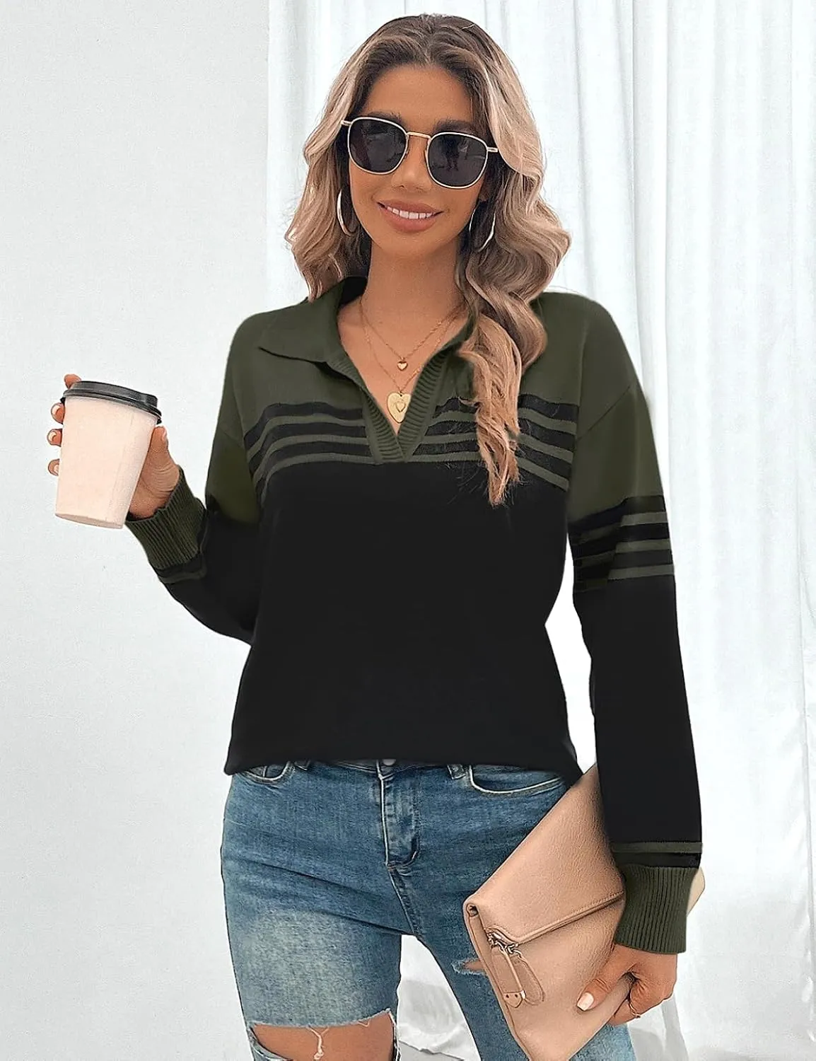 CiCiBird Women Fall V Neck Sweater Color Block Polo Long Sleeve Shirt Casual Loose Striped Pullover Sweaters