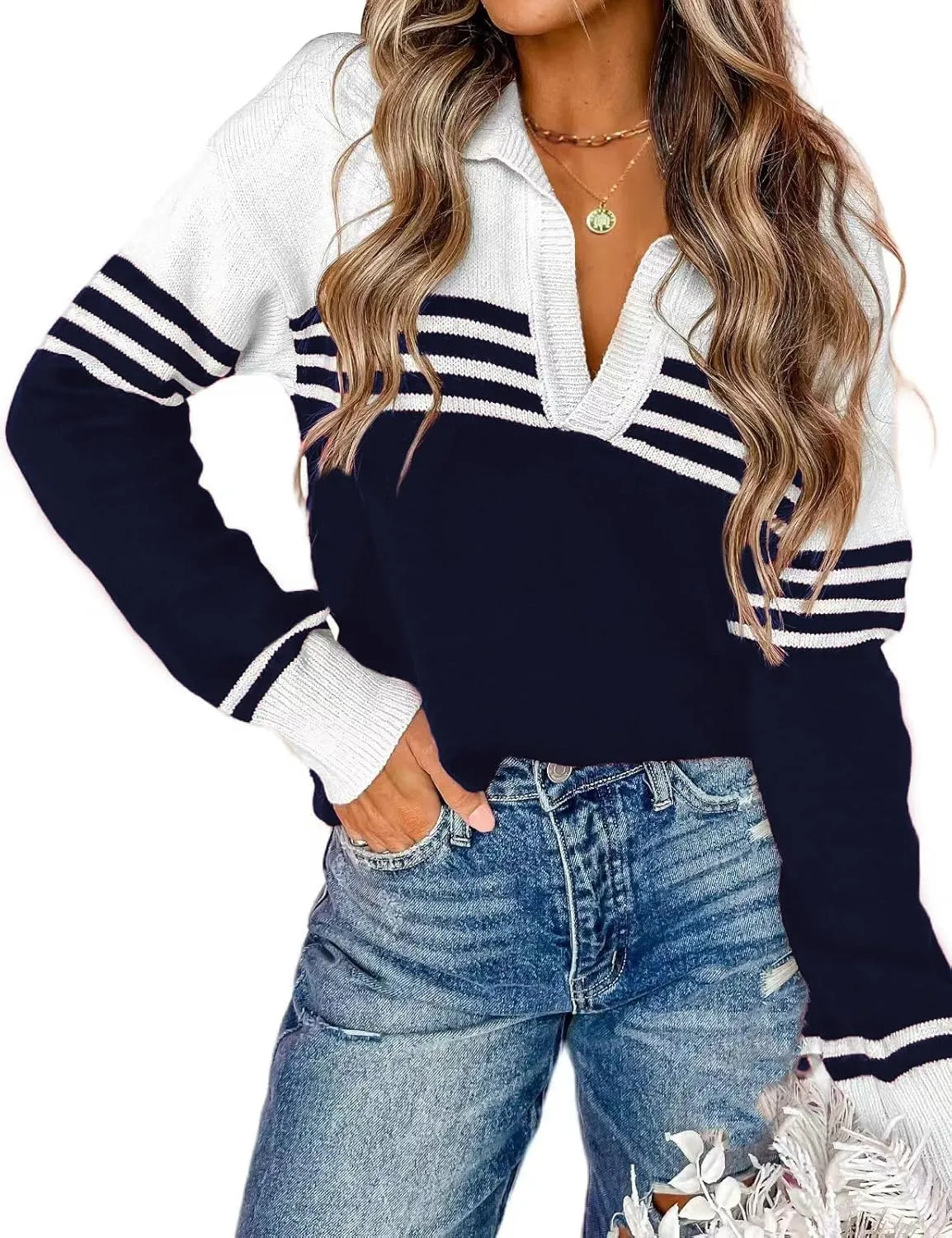 CiCiBird Women Fall V Neck Sweater Color Block Polo Long Sleeve Shirt Casual Loose Striped Pullover Sweaters