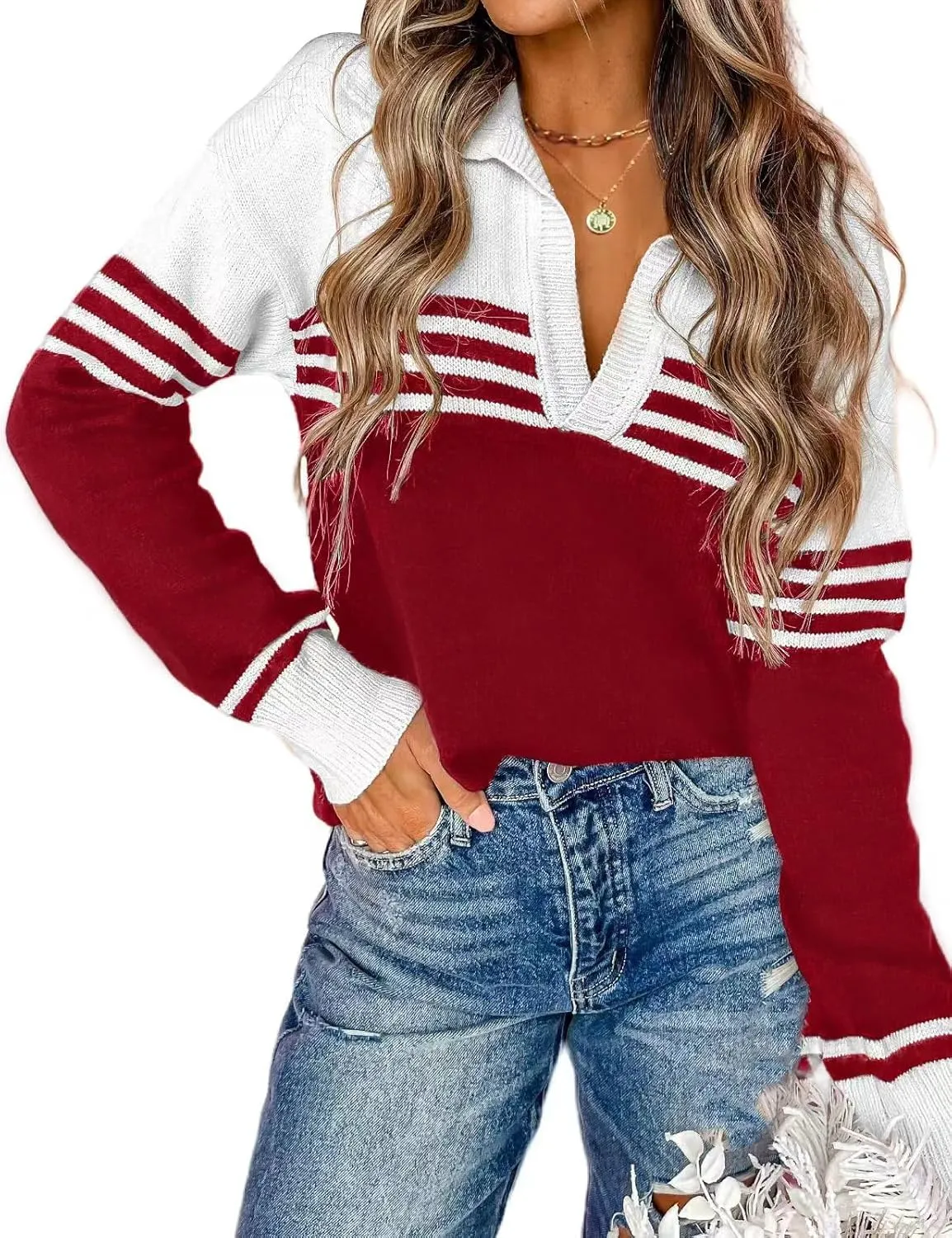 CiCiBird Women Fall V Neck Sweater Color Block Polo Long Sleeve Shirt Casual Loose Striped Pullover Sweaters