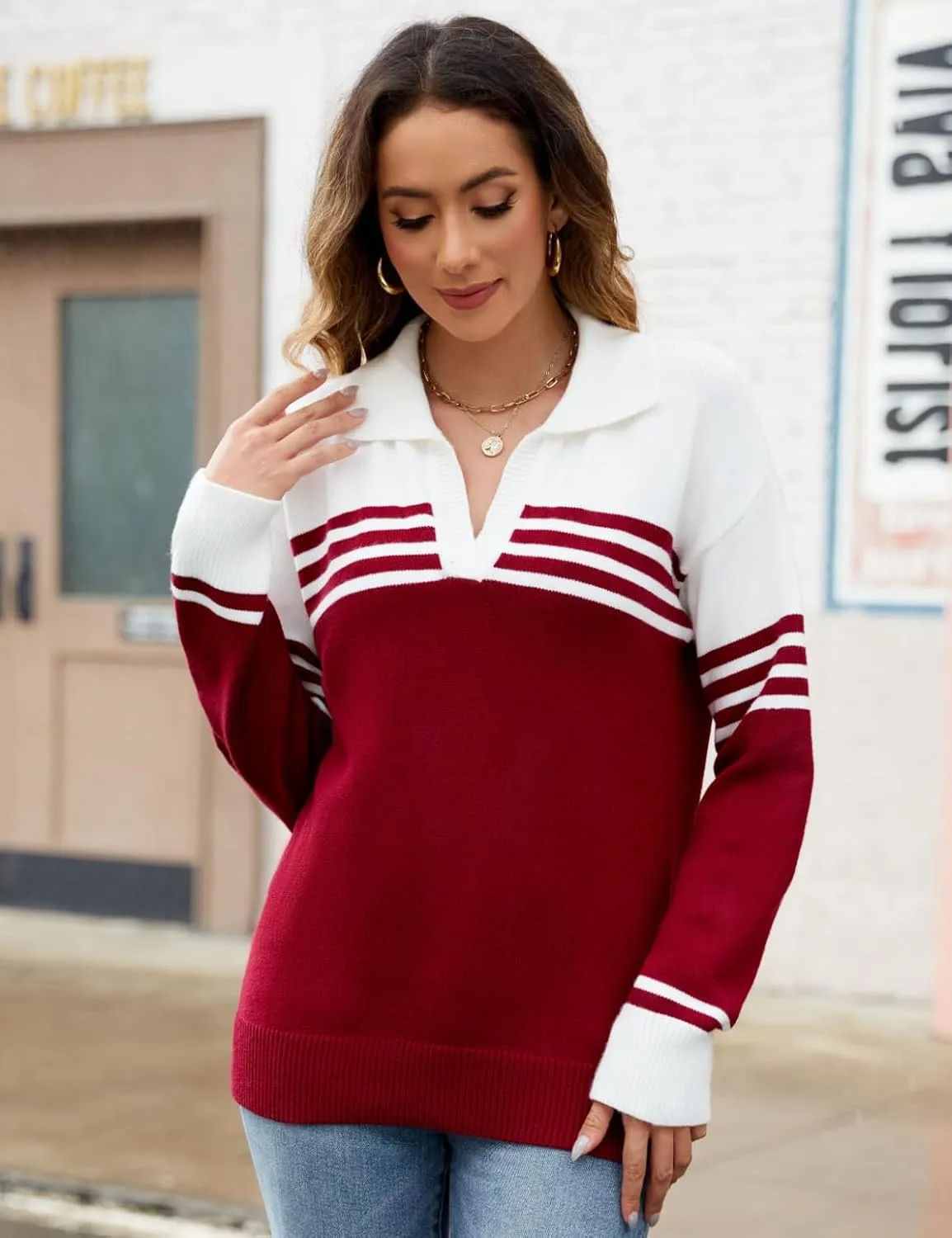 CiCiBird Women Fall V Neck Sweater Color Block Polo Long Sleeve Shirt Casual Loose Striped Pullover Sweaters