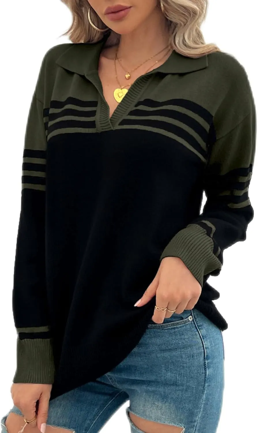 CiCiBird Women Fall V Neck Sweater Color Block Polo Long Sleeve Shirt Casual Loose Striped Pullover Sweaters