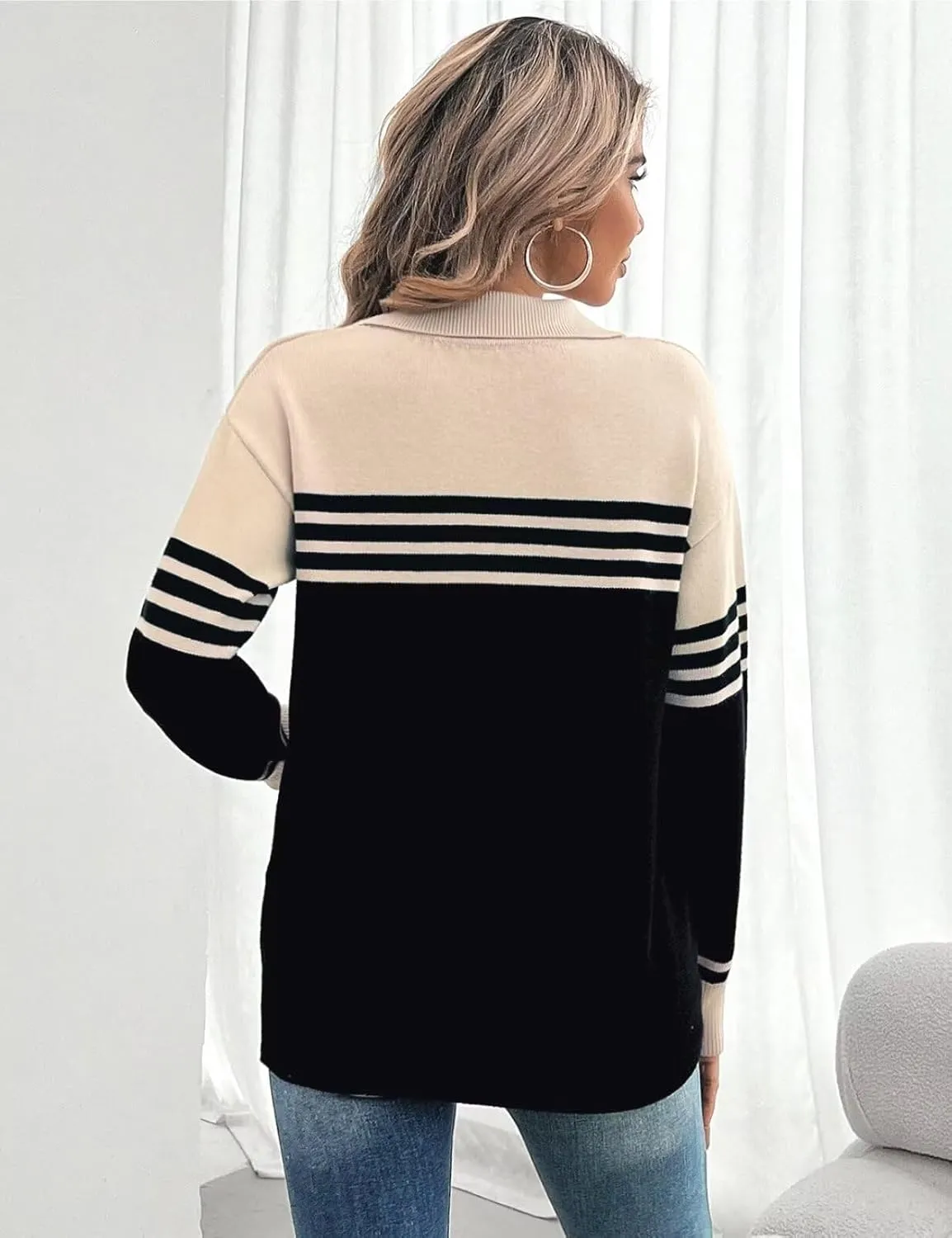 CiCiBird Women Fall V Neck Sweater Color Block Polo Long Sleeve Shirt Casual Loose Striped Pullover Sweaters