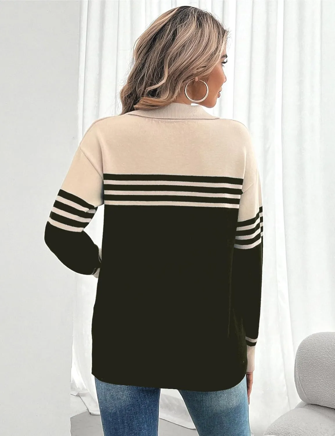 CiCiBird Women Fall V Neck Sweater Color Block Polo Long Sleeve Shirt Casual Loose Striped Pullover Sweaters