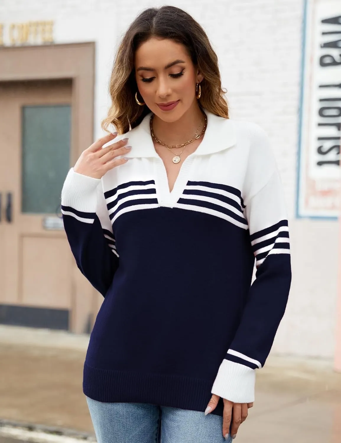 CiCiBird Women Fall V Neck Sweater Color Block Polo Long Sleeve Shirt Casual Loose Striped Pullover Sweaters