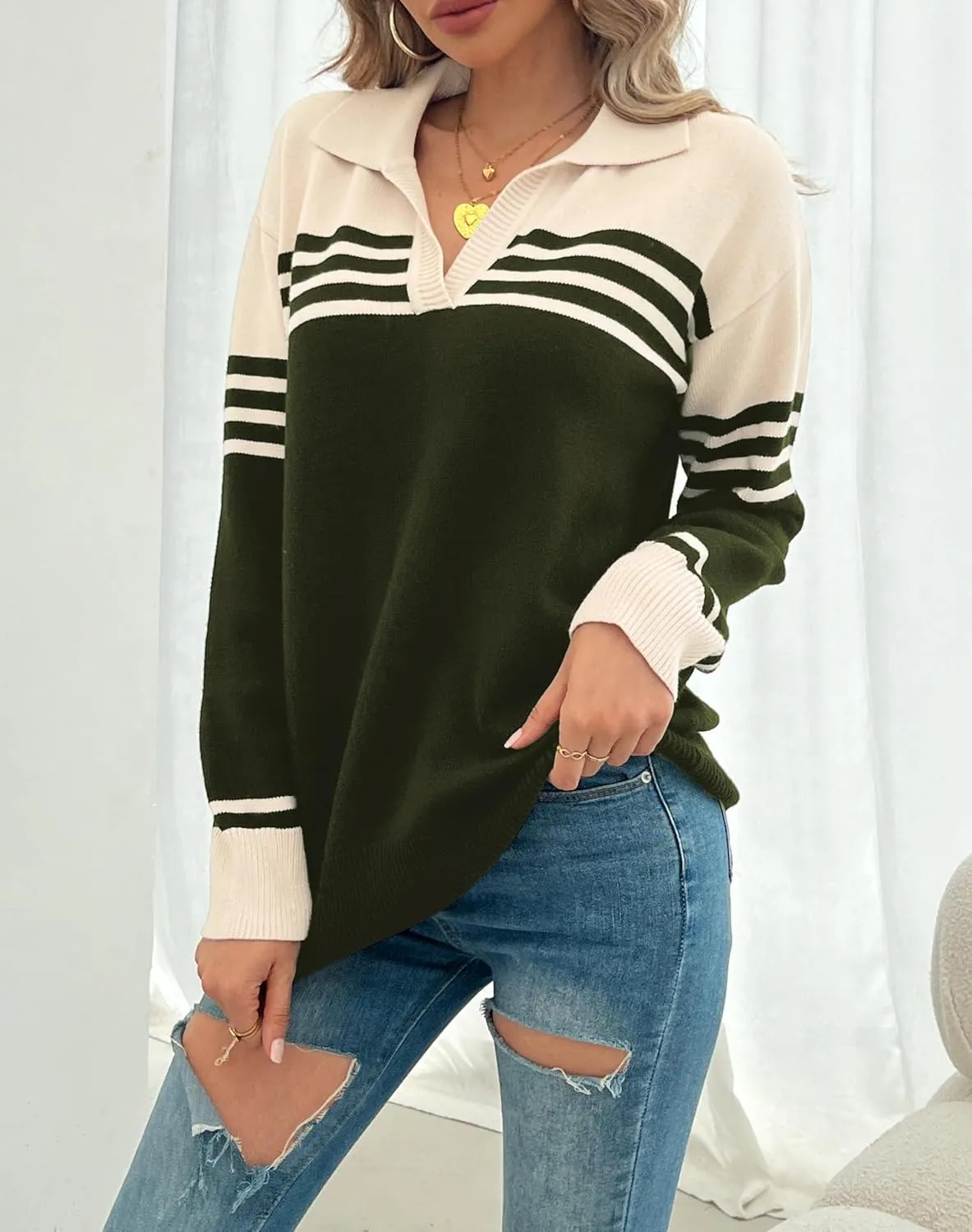 CiCiBird Women Fall V Neck Sweater Color Block Polo Long Sleeve Shirt Casual Loose Striped Pullover Sweaters