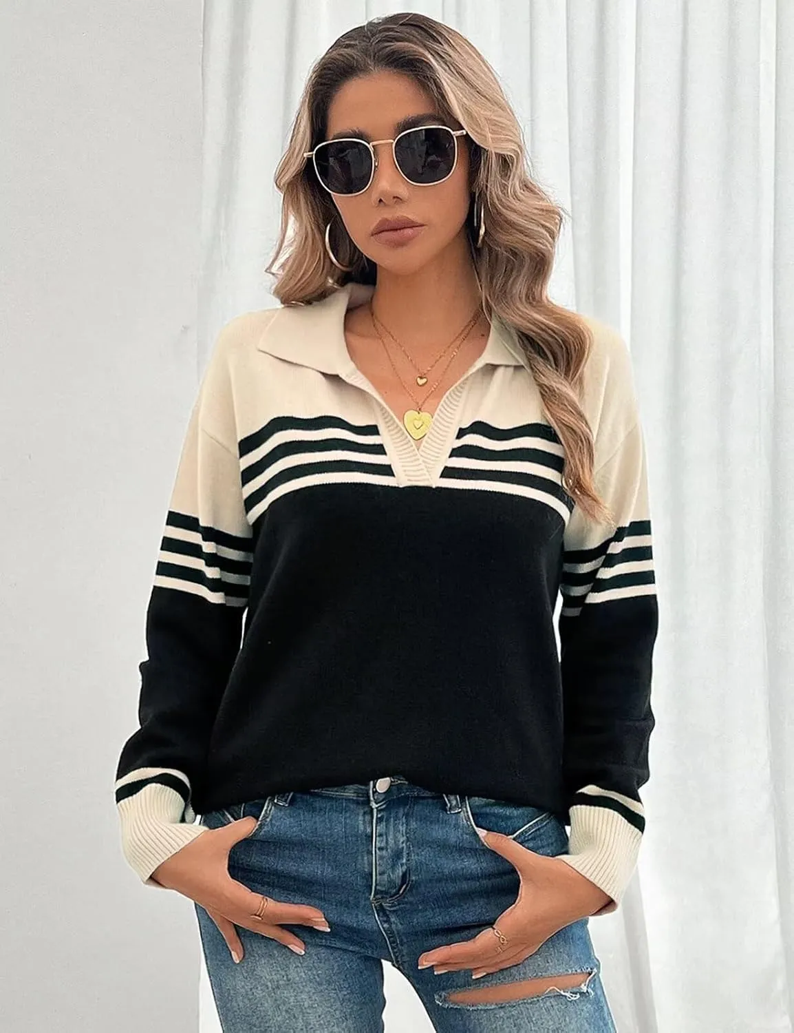 CiCiBird Women Fall V Neck Sweater Color Block Polo Long Sleeve Shirt Casual Loose Striped Pullover Sweaters