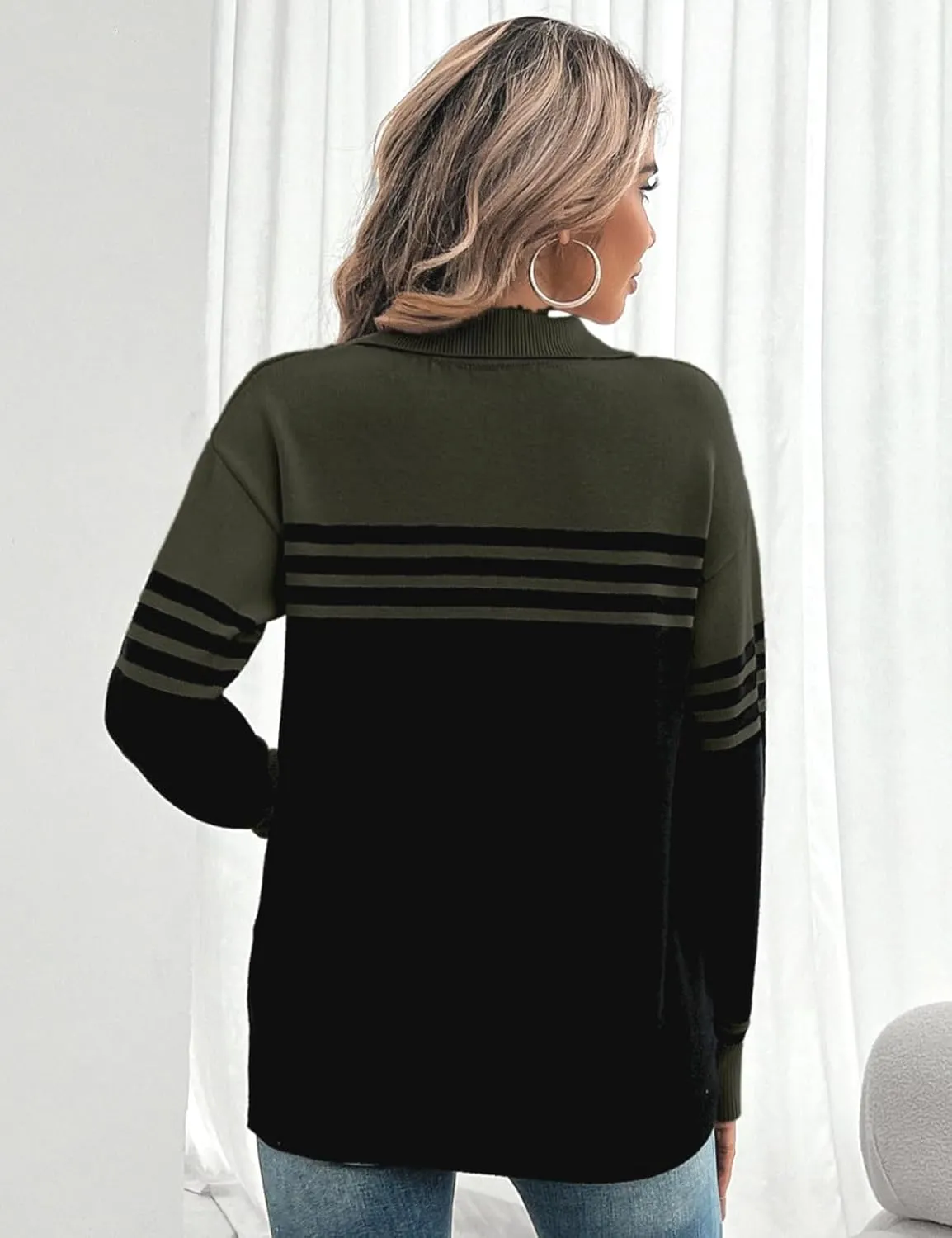 CiCiBird Women Fall V Neck Sweater Color Block Polo Long Sleeve Shirt Casual Loose Striped Pullover Sweaters