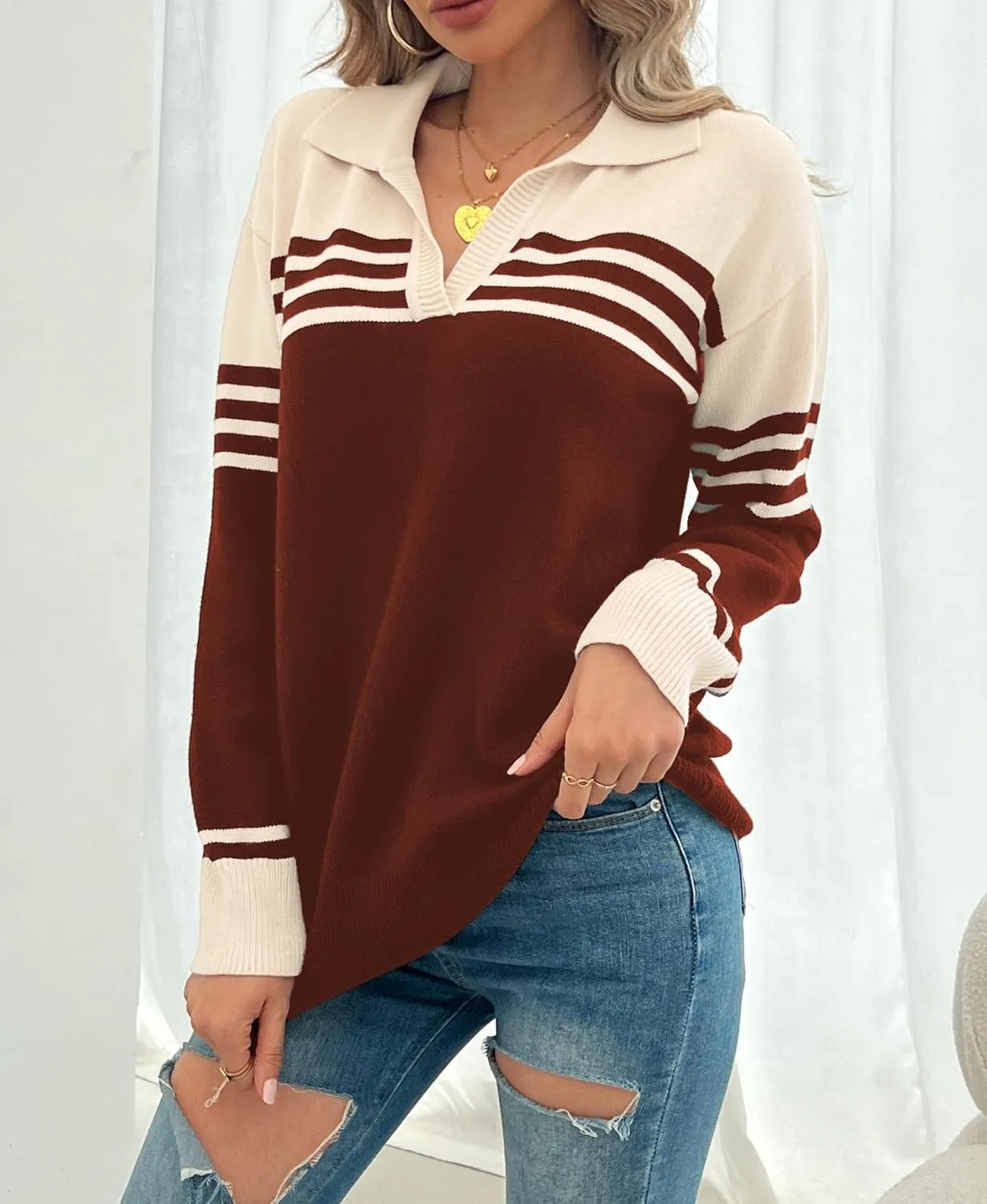CiCiBird Women Fall V Neck Sweater Color Block Polo Long Sleeve Shirt Casual Loose Striped Pullover Sweaters